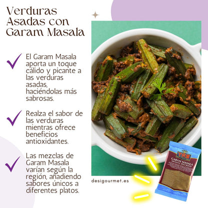 A vibrant dish of roasted vegetables, including okra, seasoned with Garam Masala for a warm, spicy kick. Accompanying text describes how Garam Masala elevates the flavor and adds health benefits.