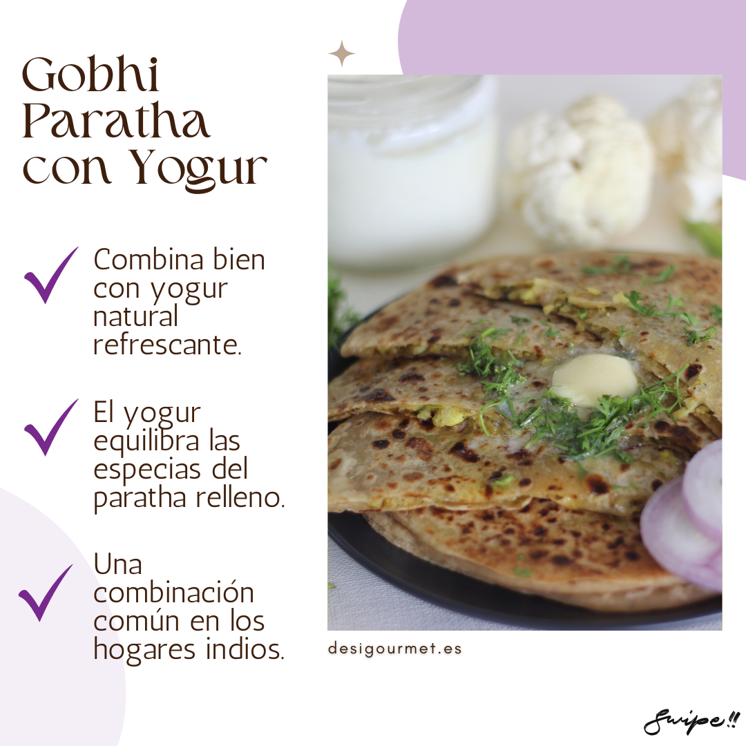 English: Gobhi Paratha 400g, great with mint or coriander chutney for fresh flavors. Spanish: Gobhi Paratha 400g, perfecto con chutney de menta o cilantro para sabores frescos.