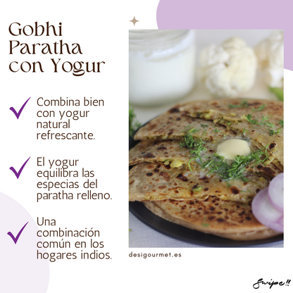 English: Gobhi Paratha 400g, great with mint or coriander chutney for fresh flavors. Spanish: Gobhi Paratha 400g, perfecto con chutney de menta o cilantro para sabores frescos.
