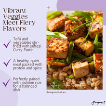 Load image into Gallery viewer, Delicious Jalfrezi Tofu Stir-Fry with Patak&#39;s Jalfrezi Spice Paste. A healthy, protein-packed meal with a spicy kick. Perfectly paired with jasmine rice. Get the recipe at Desi Gourmet.