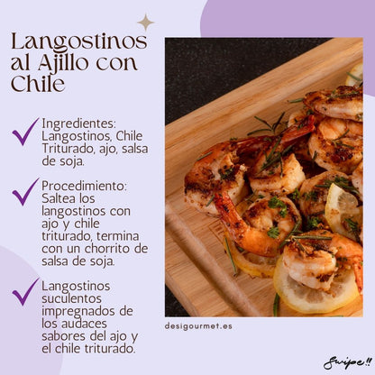 3. Langostinos al Ajillo con Chile Meta Description: Succulent shrimp sautéed with garlic, soy sauce, and Chilli Powder. A spicy and flavorful seafood delight. Recipe available at desigourmet.es.