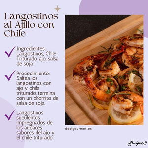 Langostinos al Ajillo con Chile: "Savor the succulent Langostinos al Ajillo con Chile. Stir-fry shrimp with garlic, crushed chilli, and soy sauce for a bold and flavorful dish."