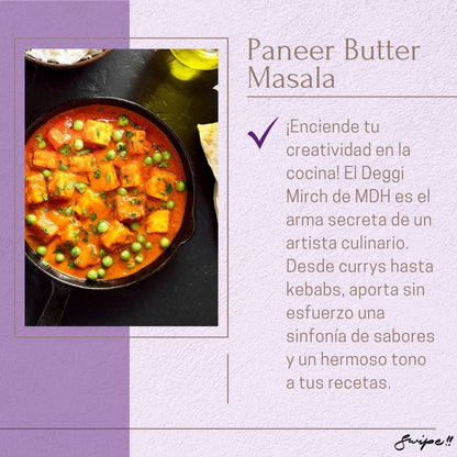 Paneer Butter Masala: "Ignite your culinary creativity with Deggi Mirch from MDH. Perfect for curries and kebabs, it adds a beautiful tone and a symphony of flavors to your dishes effortlessly."