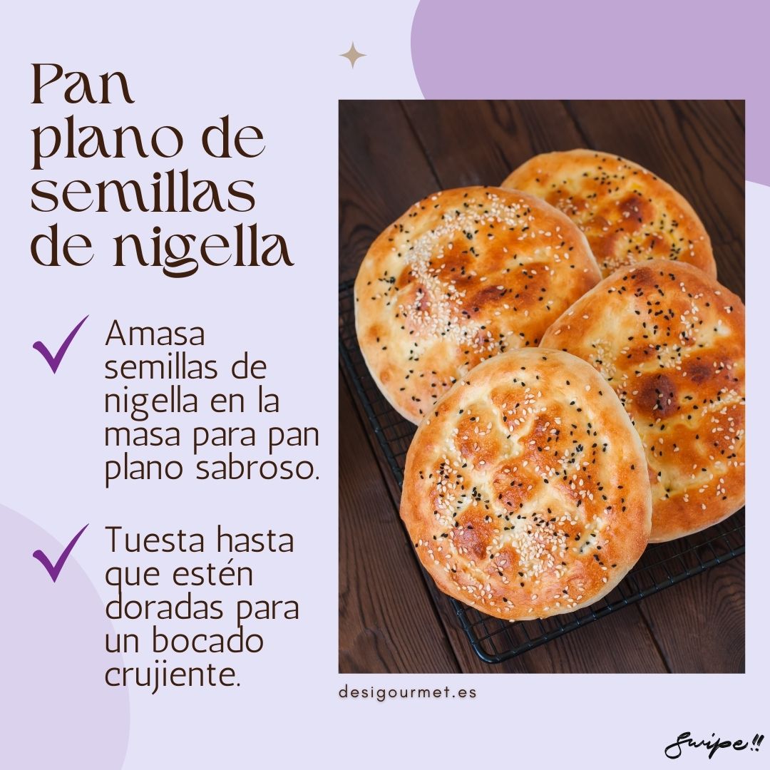 "Amasa semillas de nigella en la masa para pan sabroso. Tuesta hasta que estén doradas para un bocado crujiente."