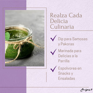 Image 3: Realza Cada Delicia Culinaria Meta Description: "Enhance every culinary delight with Podina. Perfect as a dip for samosas, marinade for grilled treats, or sprinkle on snacks and salads."