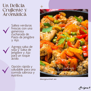 Title: Salteado de Verduras con Jengibre y Ajo | Stir-Fried Vegetables with Ginger and Garlic  Description: Un Delicia Crujiente y Aromática. Saltea verduras frescas con una generosa cucharada de Pasta de Jengibre y Ajo. Agrega salsa de soya y Salsa de Jengibre y Ajo para un toque ácido. Opción rápida y saludable para una comida sabrosa y nutritiva.  Keywords:  Salteado de verduras Stir-fried vegetables Ginger garlic vegetable stir-fry Healthy stir-fry recipe Quick vegetable stir-fry