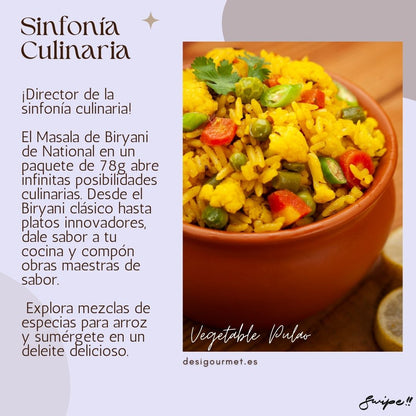 Sinfonía Culinaria "National Biryani Masala opens endless culinary possibilities. From classic Biryani to innovative dishes, it adds rich flavors and aromas to your creations."