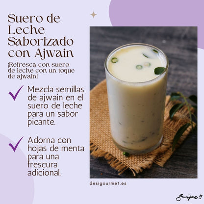 "Refresca tu día con Suero de Leche Saborizado con Ajwain. Semillas de ajwain para un sabor picante y fresco. Adornado con hojas de menta."