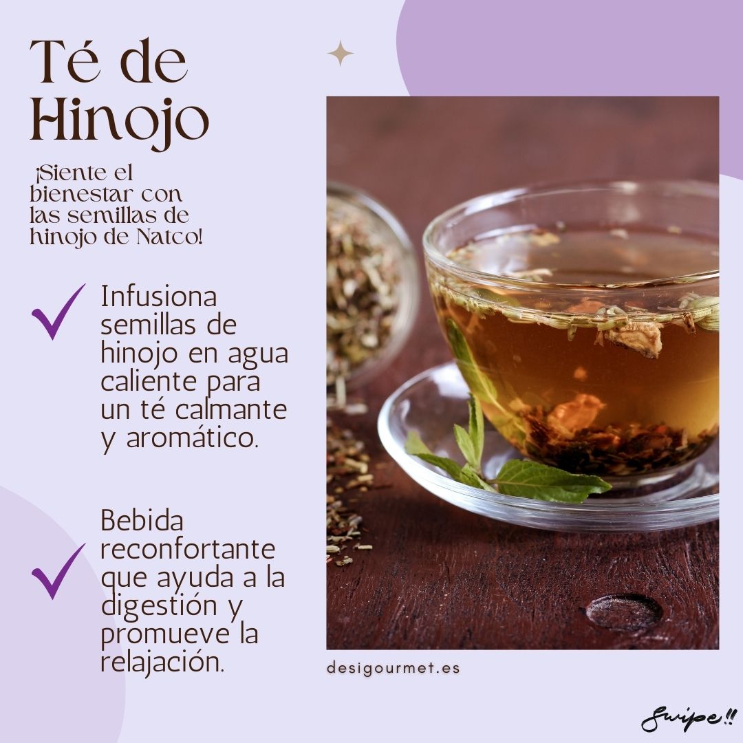 "Siente el bienestar con las semillas de hinojo de Natco. Infusiona en agua caliente para un té calmante y aromático. Bebida reconfortante que ayuda a la digestión y promueve la relajación."