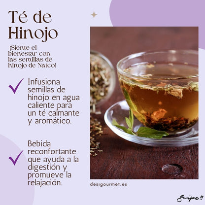 "Siente el bienestar con las semillas de hinojo de Natco. Infusiona en agua caliente para un té calmante y aromático. Bebida reconfortante que ayuda a la digestión y promueve la relajación."