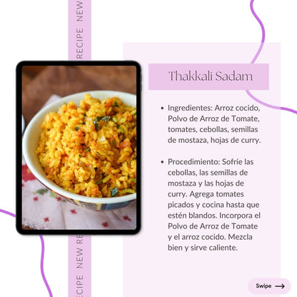Thakkali Sadam: "Make Thakkali Sadam with cooked rice, tomato rice powder, tomatoes, onions, mustard seeds, and curry leaves. A quick and flavorful dish. Swipe for the recipe!"