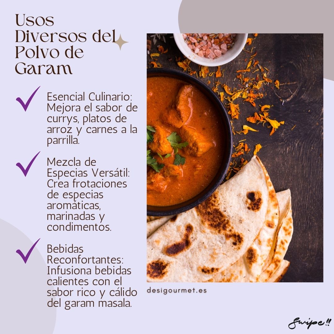Usos Diversos del Polvo de Garam "Enhance curries, rice dishes, and grilled meats with the versatile Natco Garam Masala Powder. Perfect for creating aromatic spice blends, marinades, and comforting beverages."
