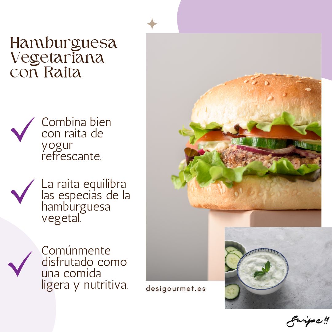 English: Veggie Burger Patty 360g, ideal with cooling yogurt raita for a balanced meal. Spanish: Hamburguesa Vegetal 360g, ideal con raita de yogur refrescante para una comida equilibrada.