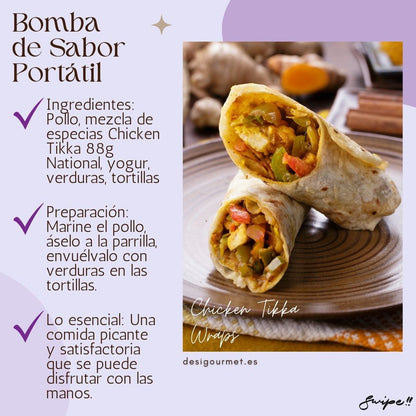Bomba de Sabor Portátil  "Savor the taste of Chicken Tikka Wraps with National's 88g spice mix. Grilled chicken, veggies, and yogurt wrapped in tortillas for a portable delight. Learn more at desigourmet.es."