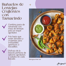 Cargar imagen en el visor de la galería, Buñuelos de Lentejas Crujientes con Tamarindo: Delight in crispy Tamarind Lentil Fritters! Tamarind paste adds a sweet and sour twist to these golden, crunchy bites. Perfect for appetizers or snacks.