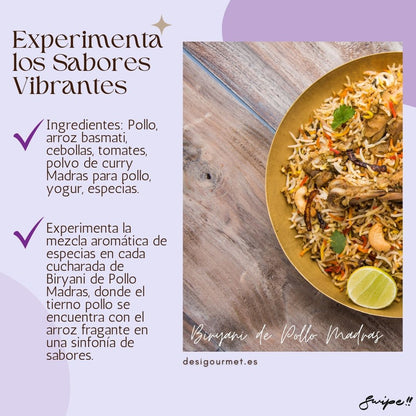 Experimenta los Sabores Vibrantes  "Biryani de Pollo Madras: Experience the aromatic mix of spices in each spoonful of this flavorful chicken and basmati rice dish."