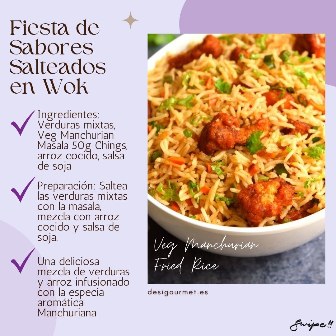 Fiesta de Sabores Salteados en Wok "Savor the aromatic blend of vegetables and rice with Ching's Veg Manchurian Masala Fried Rice. Quick and tasty, perfect for any meal. Find recipes at Desi Gourmet!"