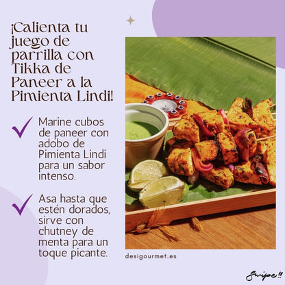 Marinate paneer with Lindi Pepper for an intense flavor. Grill until golden and serve with mint chutney. Perfect for your next BBQ!