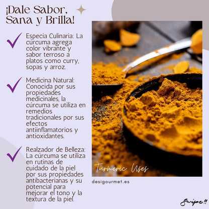 ¡Dale Sabor, Sana y Brilla!: "La cúrcuma es perfecta para platos como curry, sopas y arroz, con propiedades medicinales y beneficios para la piel. Descubre más usos en desigourmet.es."