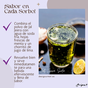 Sabor en Cada Sorbo: "Combine Jal Jeera powder with cold soda, fresh mint leaves, and a dash of lime juice for a fizzy, flavorful drink. Mix well and serve immediately for a refreshing experience."