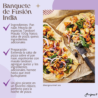 Banquete de Fusión India: "Try Tandoori Naan Pizza! Spread pizza sauce on naan, sprinkle Natco Tandoori Masala, add cheese, and bake for a spicy twist on a classic. #TandooriPizza"