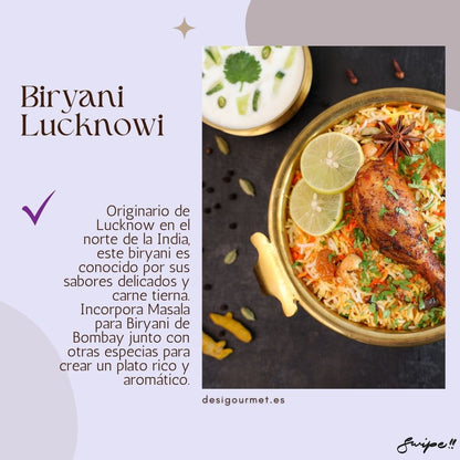 Biryani de Lucknow, famoso por su sabor delicado y carne tierna. Incorporando nuestra Masala de Biryani de Bombay para un plato aromático y rico.