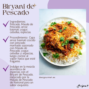 Biryani de Pescado  "Indulge en la mezcla aromática de especias con el Biryani de Pescado, mejorado por la Masala de Pescado de National para un sabor exquisito. #BiryaniDePescado #RecetasDesiGourmet #DesiGourmet"