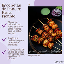 Load image into Gallery viewer, Meta Description: Indulge in our Brochetas de Paneer Extra Picante. Paneer marinated in Patak&#39;s Extra Hot Curry Paste and grilled to perfection, served with a cooling yogurt dip. Ideal for spice lovers.