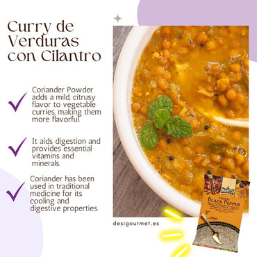 Coriander Powder adds mild flavor to curry, aids digestion, provides vitamins and minerals.