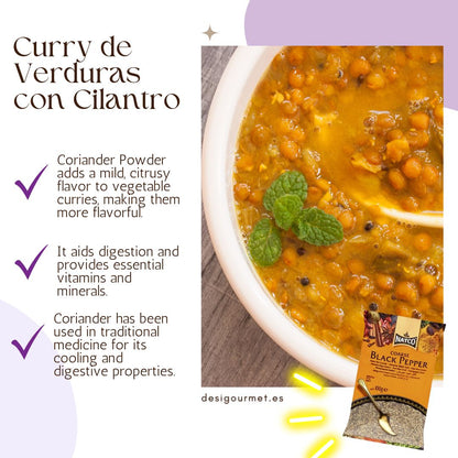 Coriander Powder adds mild flavor to curry, aids digestion, provides vitamins and minerals.