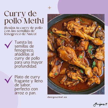 "Make a flavorful Chicken Methi Curry with Natco fenugreek seeds. Toasted seeds add depth to your curry, creating a fragrant dish perfect with rice or bread."