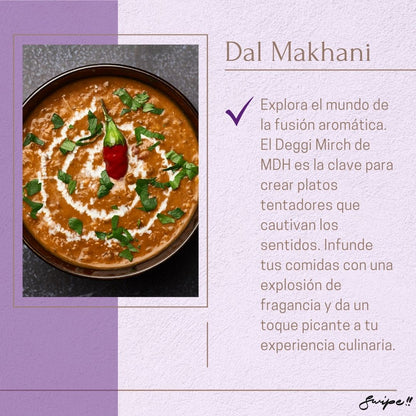 Dal Makhani: "Explore aromatic fusion with Deggi Mirch from MDH. This spice creates tempting dishes, infusing your meals with fragrance and a spicy touch for a delightful culinary experience."
