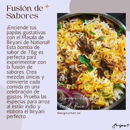 Fusión de Sabores "Ignite your taste buds with National Biryani Masala. This 78g flavor bomb is ideal for experimenting with unique blends and perfecting your Biryani recipes."