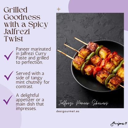 Grilled Jalfrezi Paneer Skewers marinated in Patak's Jalfrezi Spice Paste. Served with tangy mint chutney, perfect as an appetizer or main dish. Learn more at Desi Gourmet.