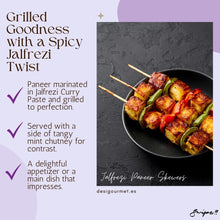 Cargar imagen en el visor de la galería, Grilled Jalfrezi Paneer Skewers marinated in Patak&#39;s Jalfrezi Spice Paste. Served with tangy mint chutney, perfect as an appetizer or main dish. Learn more at Desi Gourmet.