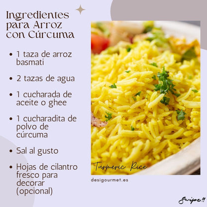 Ingredientes para Arroz con Cúrcuma: "Receta fácil de Arroz con Cúrcuma: arroz basmati, agua, aceite o ghee, polvo de cúrcuma y cilantro fresco. Encuentra los detalles completos en desigourmet.es."