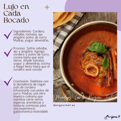 Savor the decadence of Madras Lamb Rogan Josh, featuring tender lamb, aromatic spices, and creamy textures for an unforgettable gastronomic experience.