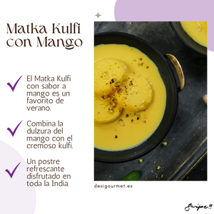 English: Matka Kulfi 200ml, traditional Indian ice cream in a clay pot with rich pistachio flavor. Spanish: Matka Kulfi 200ml, helado tradicional indio en olla de barro con rico sabor a pistacho.