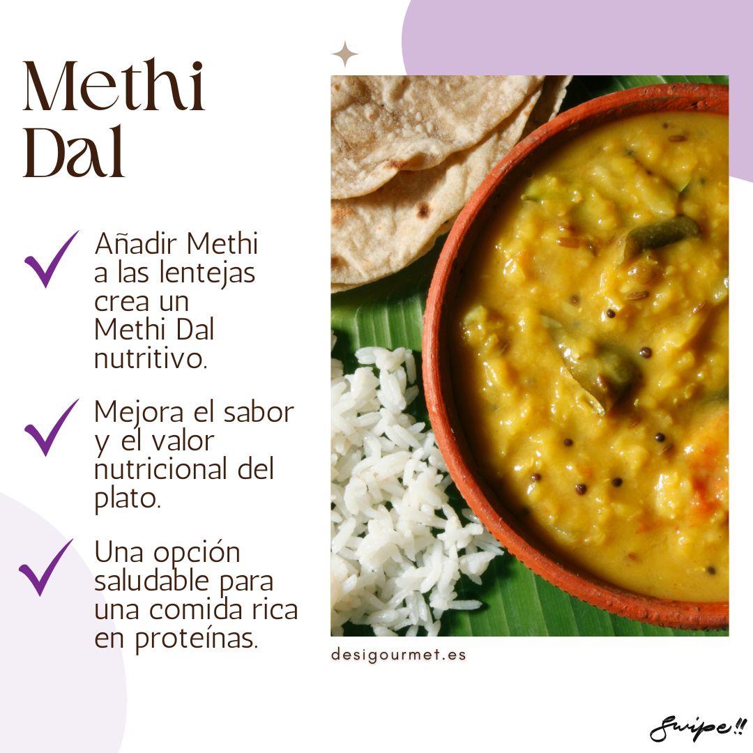 English: Methi Chopped 340g, great for adding to lentils to make Methi Dal. Spanish: Methi Chopped 340g, perfecto para añadir a las lentejas y hacer Methi Dal.