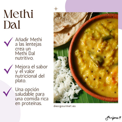 English: Methi Chopped 340g, great for adding to lentils to make Methi Dal. Spanish: Methi Chopped 340g, perfecto para añadir a las lentejas y hacer Methi Dal.