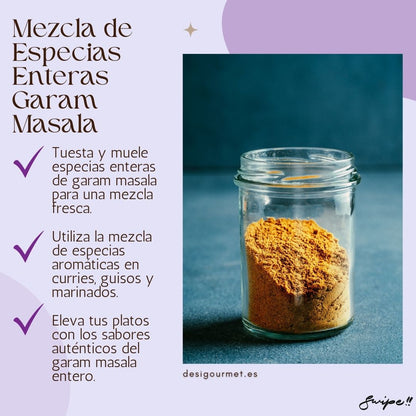 Mezcla de Especias Enteras Garam Masala  "Tuesta y muele especias enteras de garam masala para una mezcla fresca. Eleva tus platos con sabores auténticos del garam masala entero."