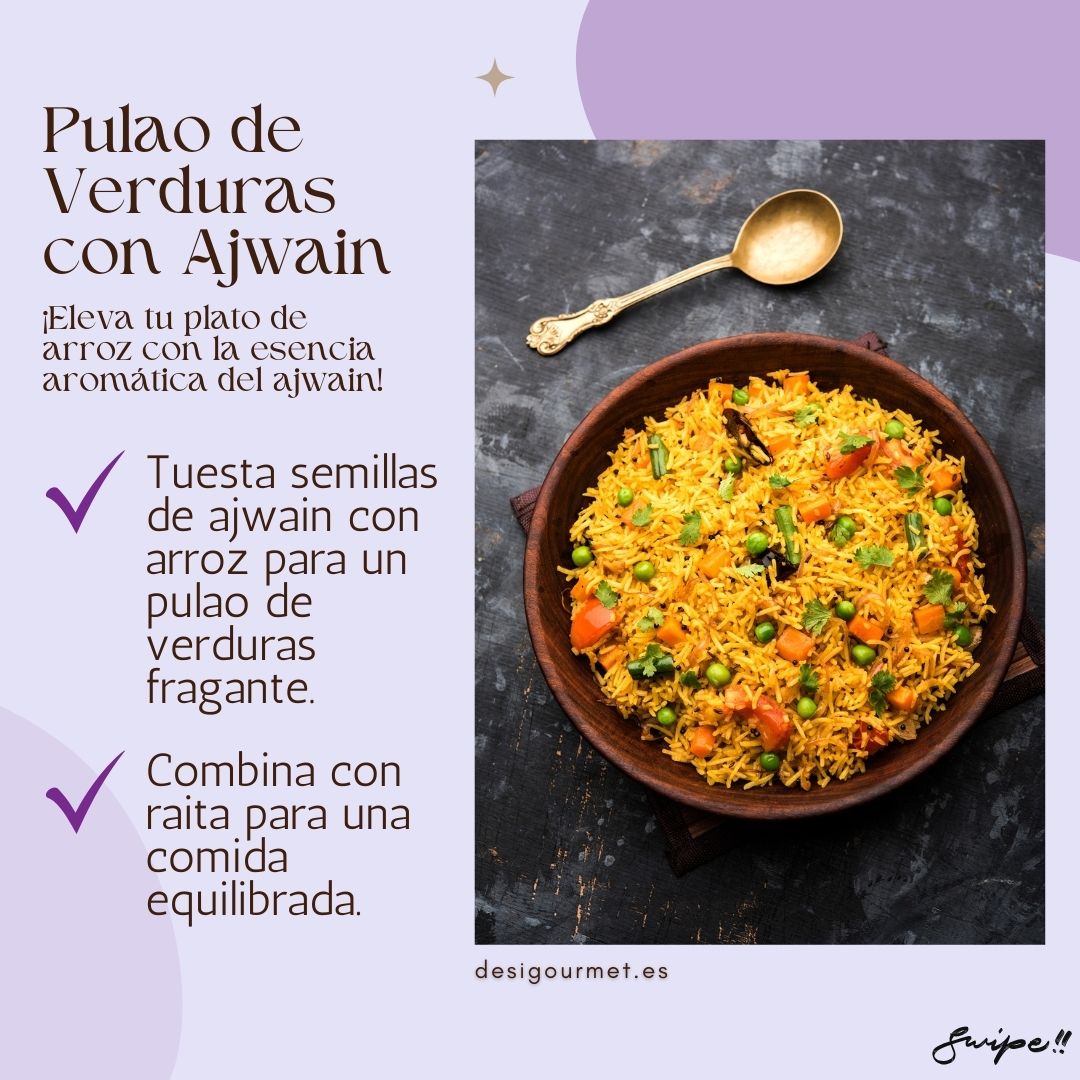 Eleva tu plato de arroz con Pulao de Verduras con Ajwain. Semillas de ajwain tostadas para un sabor fragante. Perfecto con raita para una comida equilibrada."