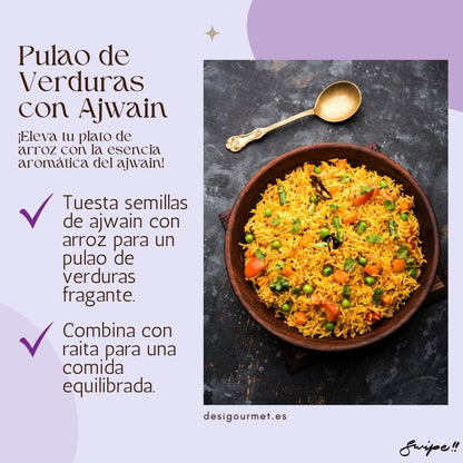 Eleva tu plato de arroz con Pulao de Verduras con Ajwain. Semillas de ajwain tostadas para un sabor fragante. Perfecto con raita para una comida equilibrada."