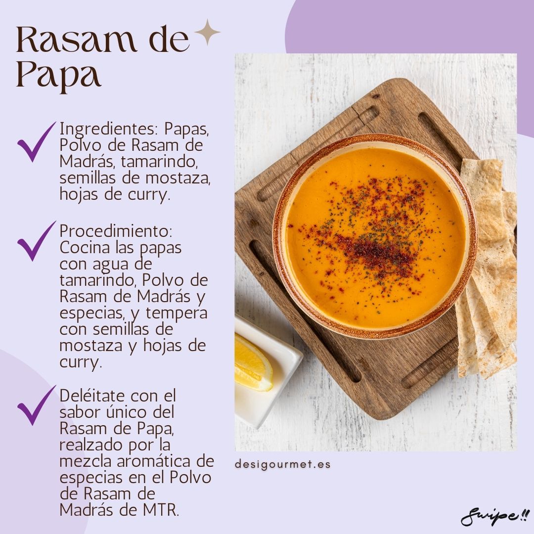 Rasam de Papa "Delight in the unique taste of Potato Rasam, made with Madras Rasam Powder, tamarind, and mustard seeds. A comforting and aromatic dish. #PotatoRasam #MadrasRasam #DesiGourmet"