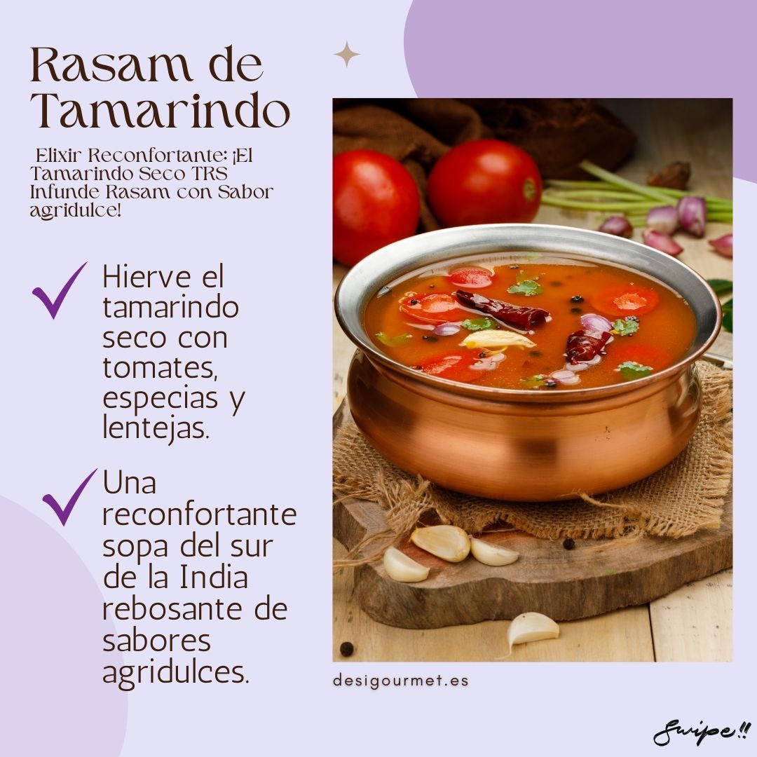 "Brew a comforting Tamarind Rasam with TRS Dry Tamarind, tomatoes, spices, and lentils. A soothing South Indian soup bursting with tangy flavors."