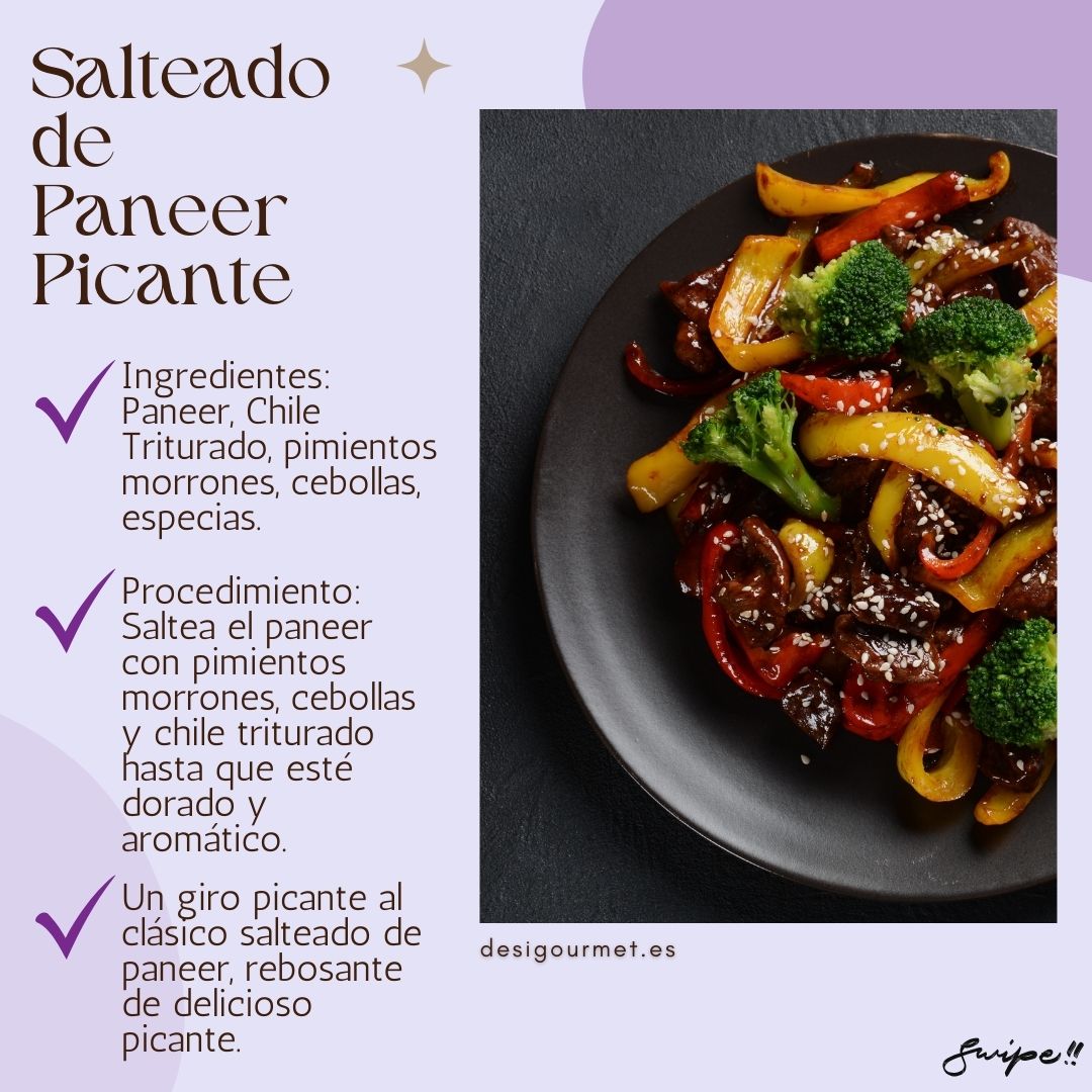 Salteado de Paneer Picante: "Enjoy the spicy twist of Salteado de Paneer Picante. Stir-fry paneer with bell peppers, onions, and crushed chilli for a deliciously aromatic dish."