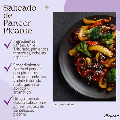 Salteado de Paneer Picante: "Enjoy the spicy twist of Salteado de Paneer Picante. Stir-fry paneer with bell peppers, onions, and crushed chilli for a deliciously aromatic dish."