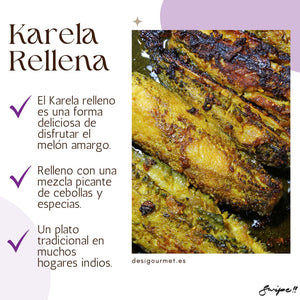 English: Karela 340g, great for preparing traditional stuffed Karela. Spanish: Karela 340g, perfecto para preparar Karela relleno tradicional.