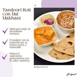 English: Tandoori roti 450g, ideal with vegetarian dishes like paneer tikka. Spanish: Tandoori roti 450g, ideal con platos vegetarianos como el paneer tikka.