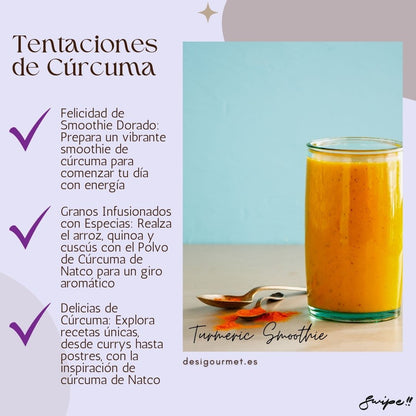 Image 4: Tentaciones de Curcuma "Prepare vibrant turmeric smoothies, enhance grains, and explore unique recipes from curries to desserts with Natco Turmeric Powder. desigourmet.es"
